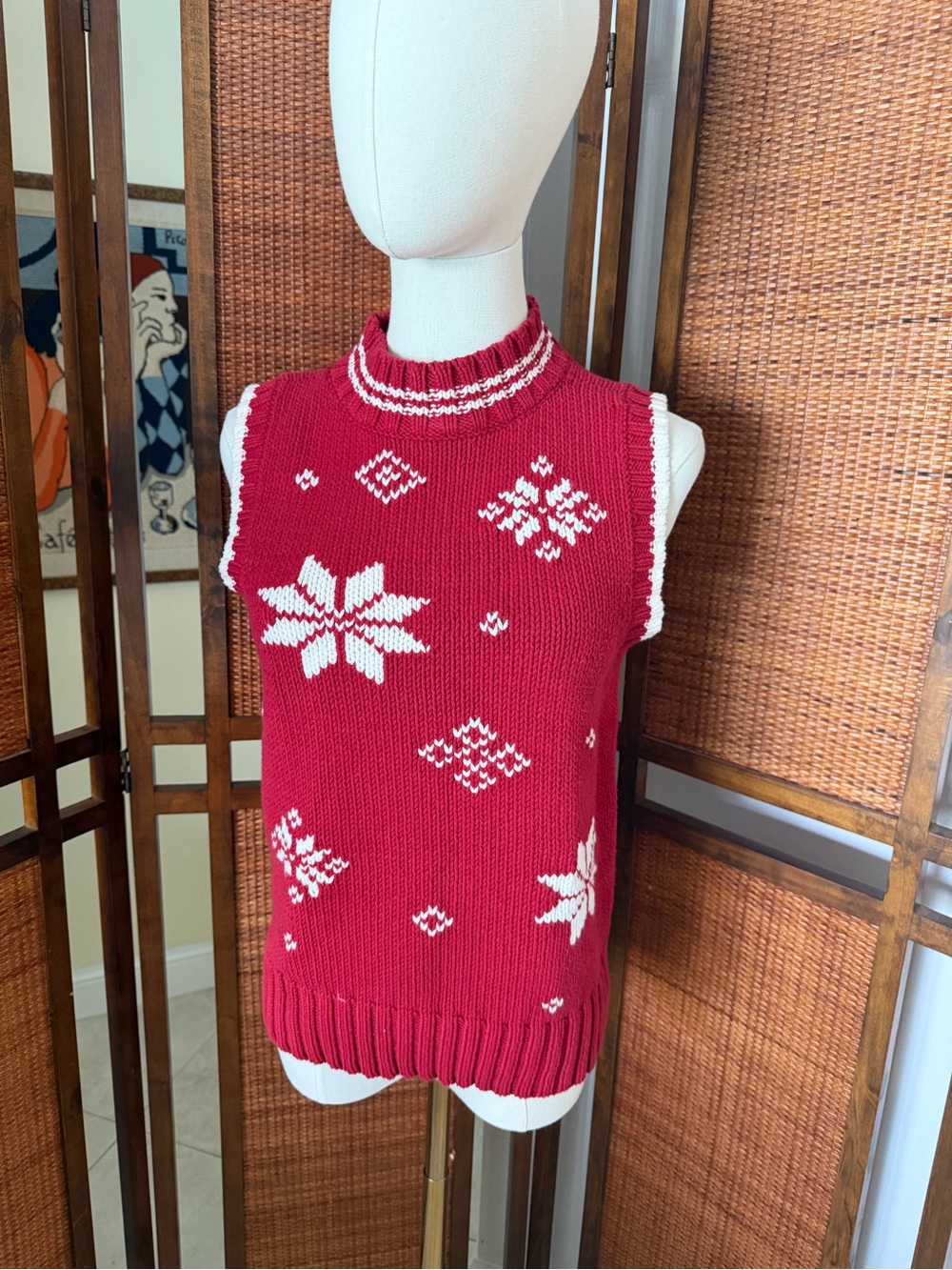 Vintage Y2K Tommy Hilfiger Red White Snowflake Sleeveless Knit Sweater Vest M